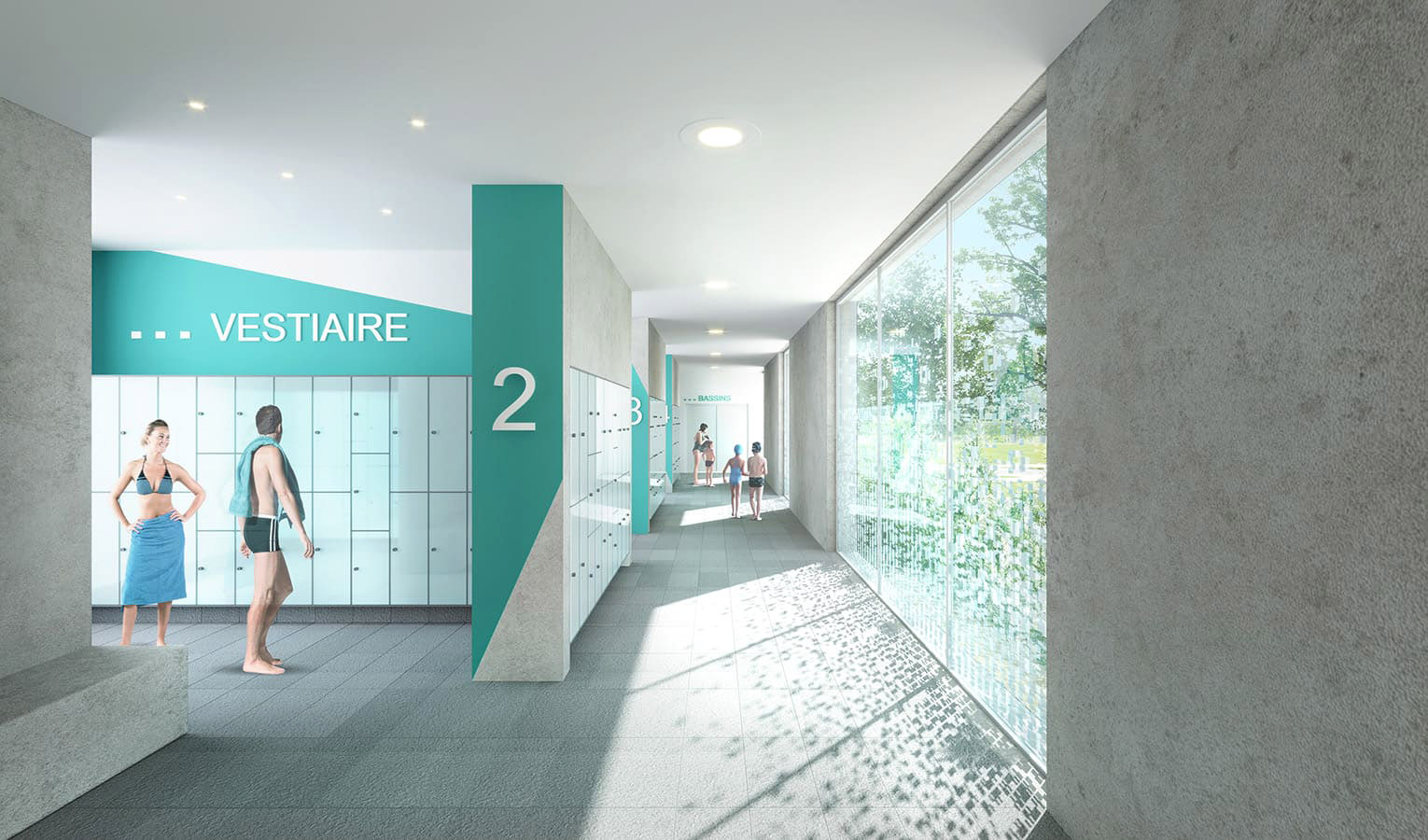 Perspective du vestiaire - Centre aquatique de Mérignac - BVL Architecture